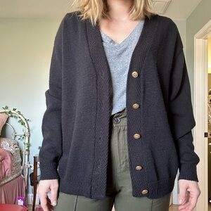 Vintage Black V-Neck Button-Front Women's Cardigan with Brassy Buttons
